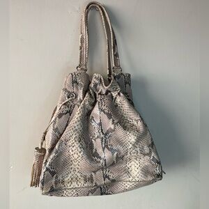 Cole Haan Hobo Bag Leather Snakeskin Embossed Tassel Drawcord Close